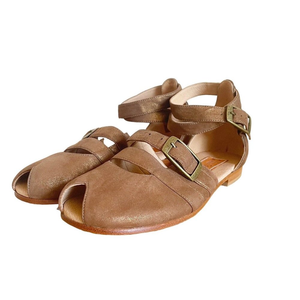Jim Barnier Womens Size 9 Leather Sandals Peep Toe Ankle Wrap Brown Gold Shimmer - Picture 2 of 13